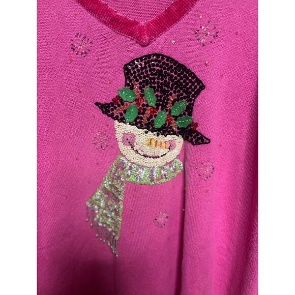 Quacker Factory pink V-neck Christmas sweater beaded and sequined snowman - Picture 2 of 10